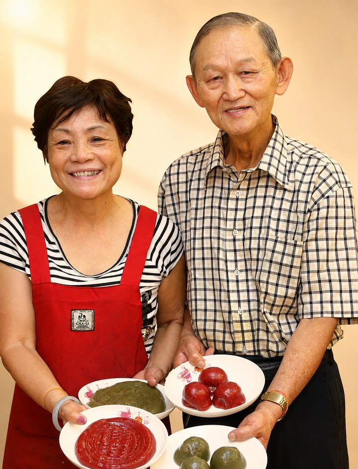 第二代林駿男夫婦，手上端著紅龜粿與草粿